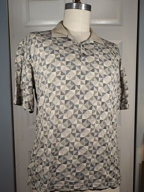 Axist Men's Beige Geometric Print Knit Polo Shirt Tony Soprano Style Large